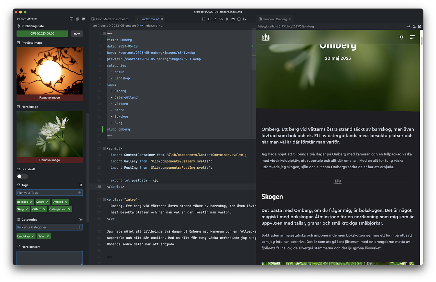 Front Matter redigeraläget i Visual Studio Code.